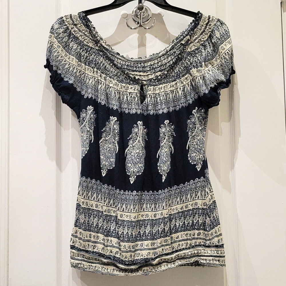 Lucky Brand Navy and Cream Paisley Off-Shoulder Blouse